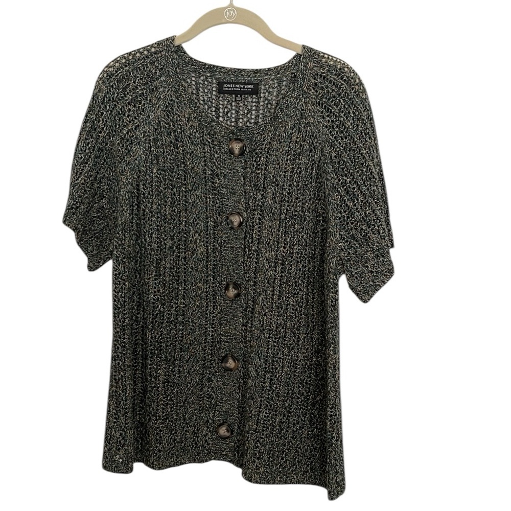 Jones New York Women’s Loose Weave 100% Linen Button Short Sleeve Cardigan 1X